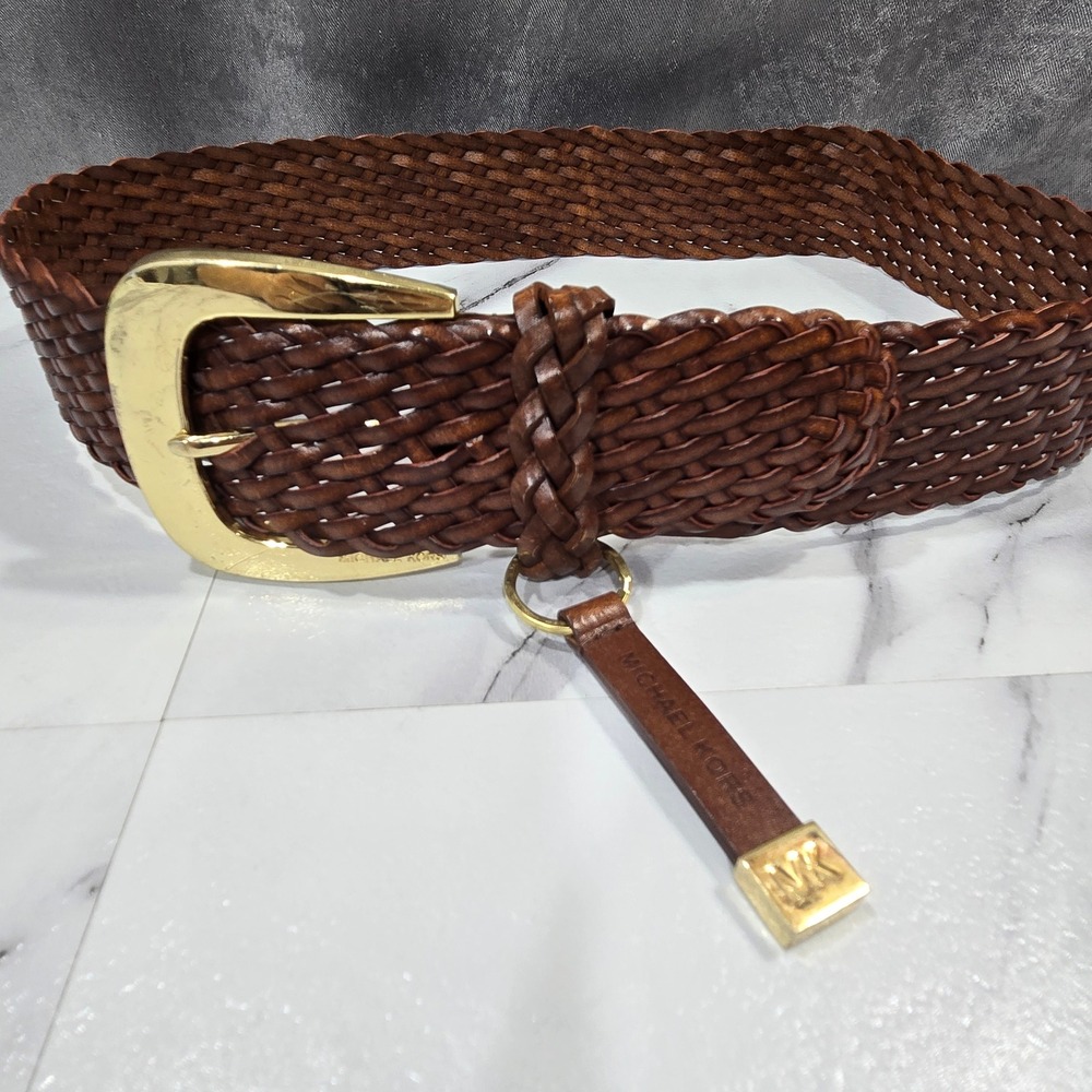 Michael Kors Womens M Brown Braided Leather Belt Wide 2in Gold Buckle MK